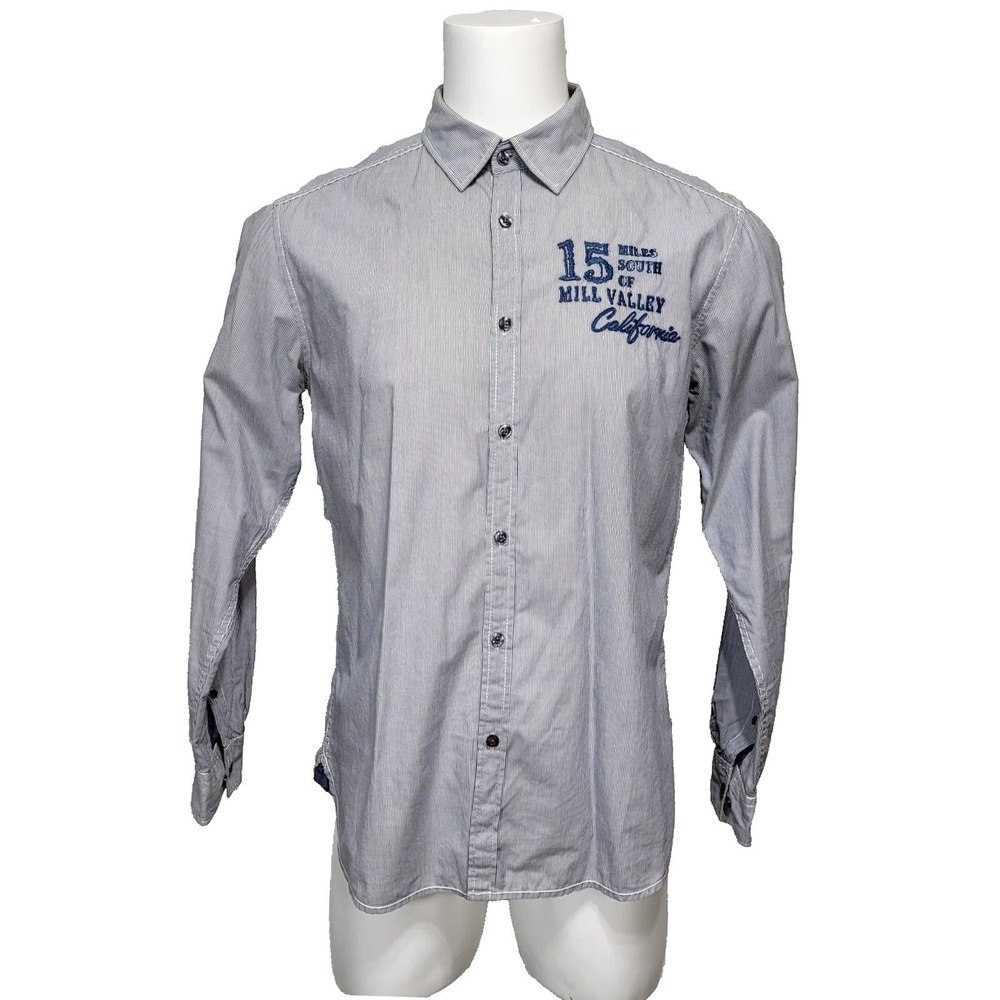 Esprit Mens Pinstripe Button Down Shirt Blue White Mill Valley Lumber Co Graphic